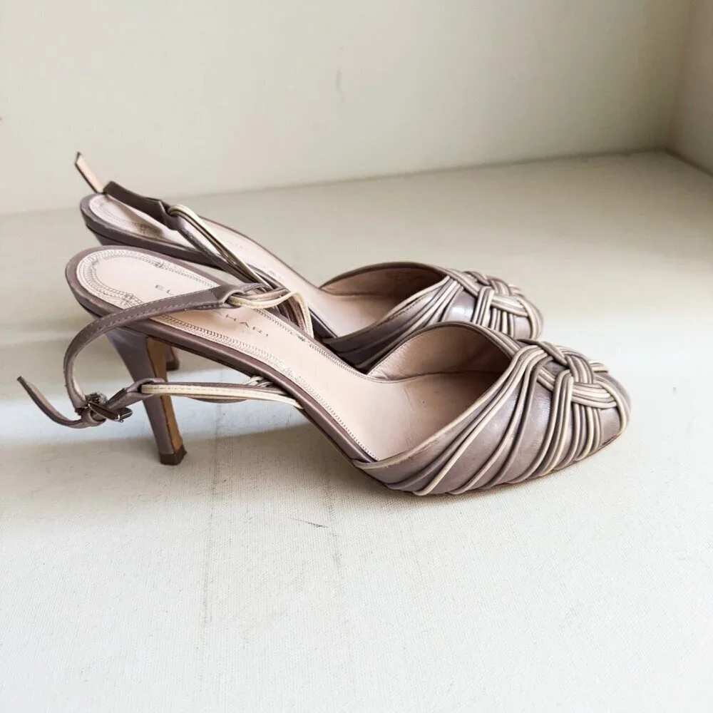 Elie Tahari Beige Two Tone Leather Braided Slingback Heels 38 - Picture 7 of 8